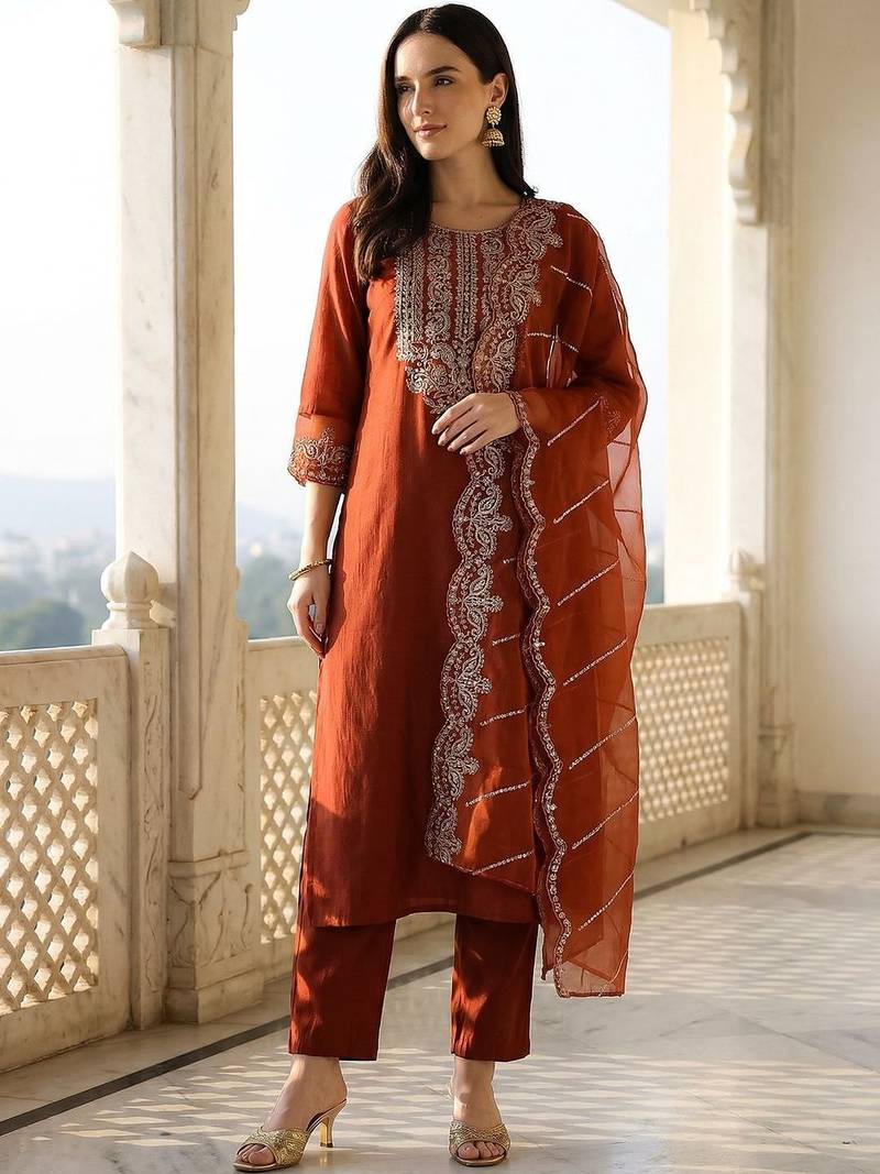 Women Ethnic Motifs Embroidered Regular Thread Work Liva Kurta with Trousers & With Dupatta