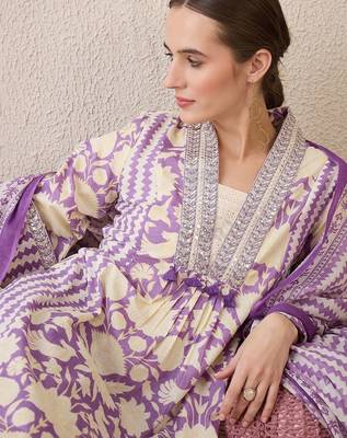 Floral Printed V-Neck Pure Cotton Straight Kurta With Trousers & Dupatta 1