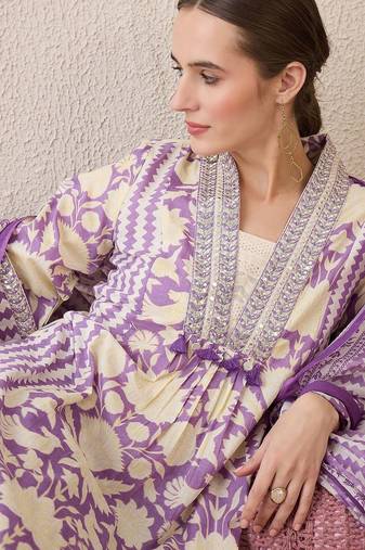 Floral Printed V-Neck Pure Cotton Straight Kurta With Trousers & Dupatta