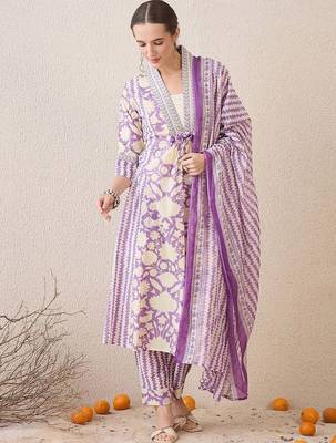 Floral Printed V-Neck Pure Cotton Straight Kurta With Trousers & Dupatta 2