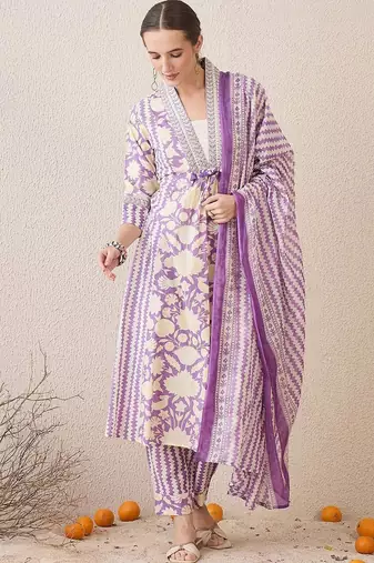 Floral Printed V-Neck Pure Cotton Straight Kurta With Trousers & Dupatta