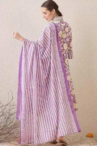 Floral Printed V-Neck Pure Cotton Straight Kurta With Trousers & Dupatta