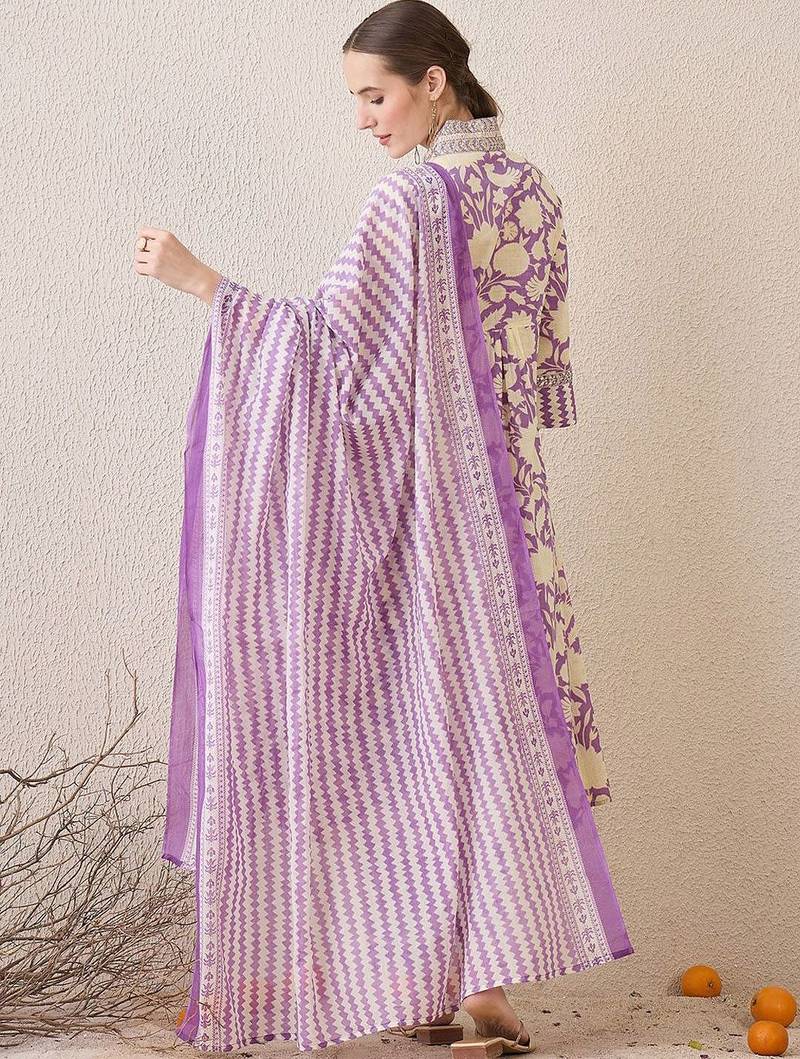 Floral Printed V-Neck Pure Cotton Straight Kurta With Trousers & Dupatta