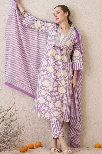 Floral Printed V-Neck Pure Cotton Straight Kurta With Trousers & Dupatta