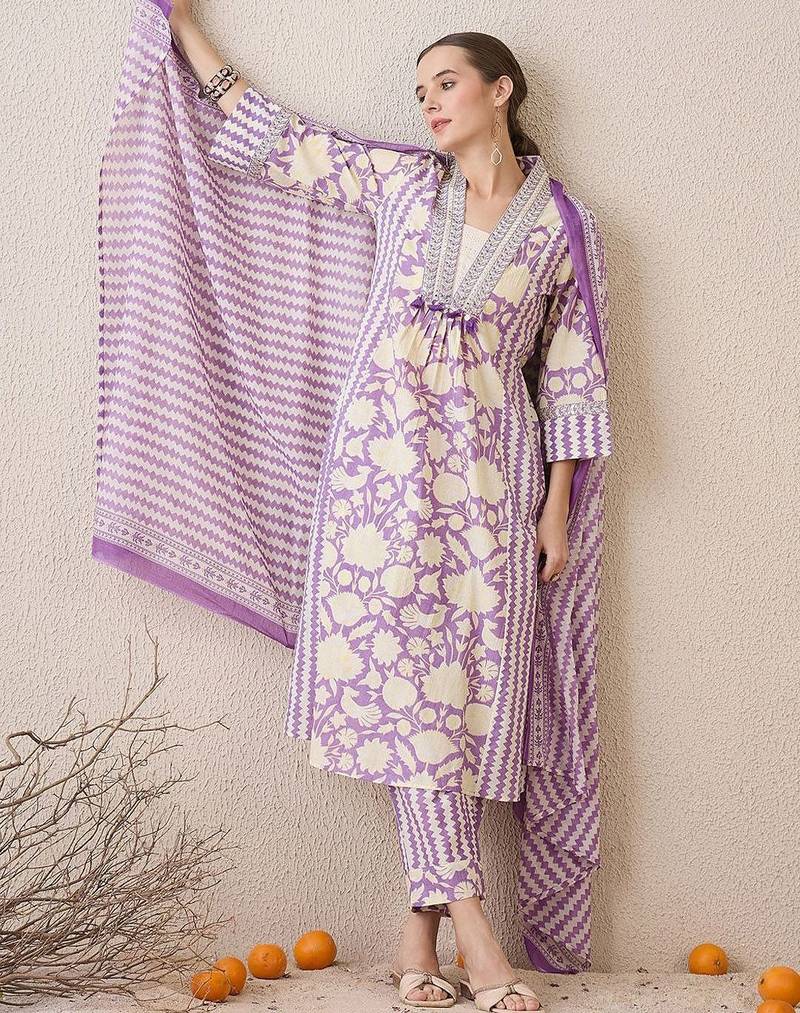 Floral Printed V-Neck Pure Cotton Straight Kurta With Trousers & Dupatta
