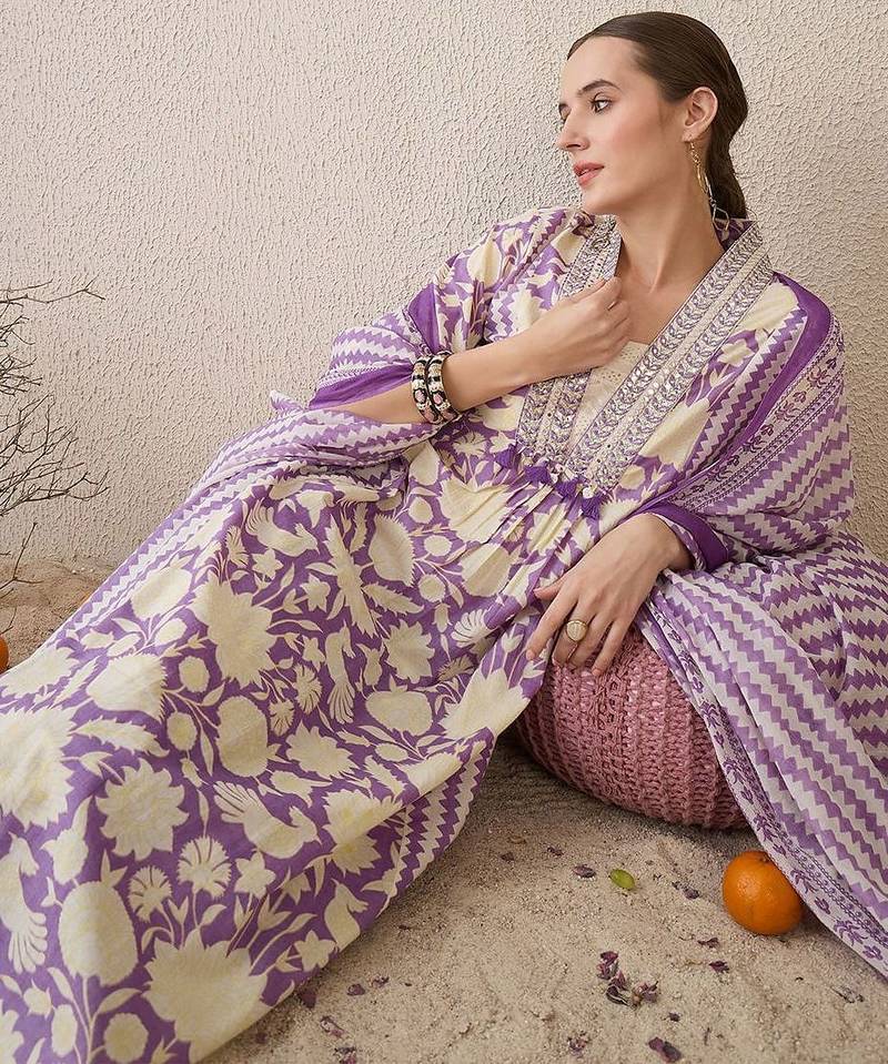 Floral Printed V-Neck Pure Cotton Straight Kurta With Trousers & Dupatta