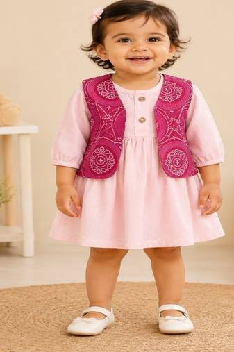 Pink bandhej jacket frock