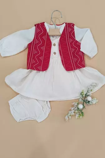 Red bandhej jacket frock