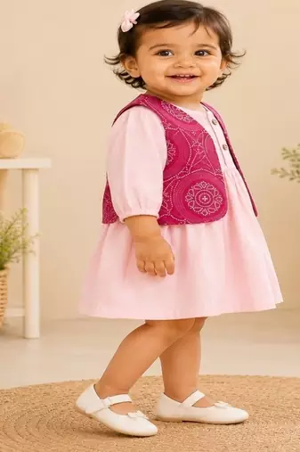 Pink bandhej jacket frock