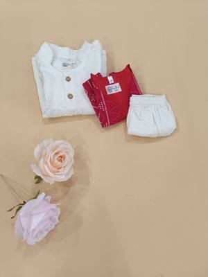 Red bandhej jacket frock 5