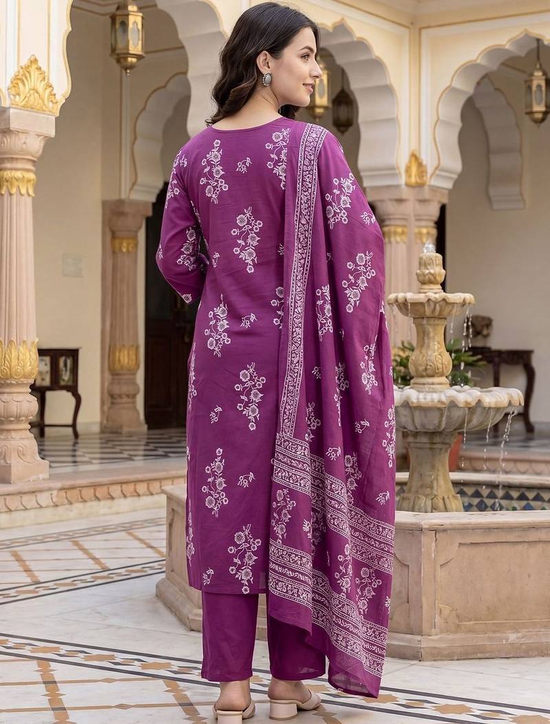 Women Floral Printed Regular Sequinned Pure Cotton Kurta with Trousers & With Dupatta