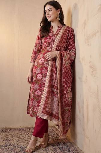 Women Floral Printed Angrakha Pure Cotton Kurta with Trousers & With Dupatta