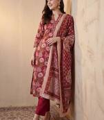 Women Floral Printed Angrakha Pure Cotton Kurta with Trousers & With Dupatta