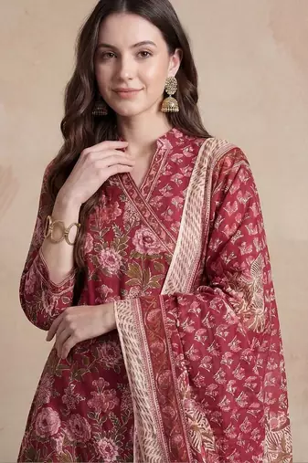 Women Floral Printed Angrakha Pure Cotton Kurta with Trousers & With Dupatta