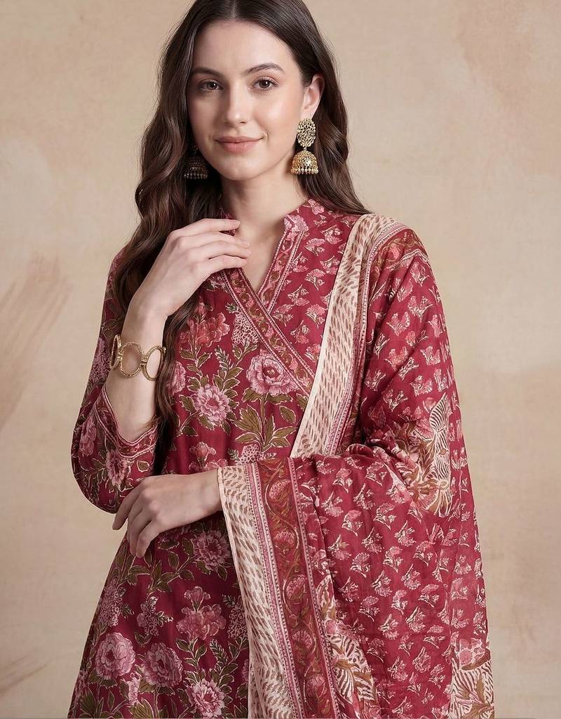 Women Floral Printed Angrakha Pure Cotton Kurta with Trousers & With Dupatta