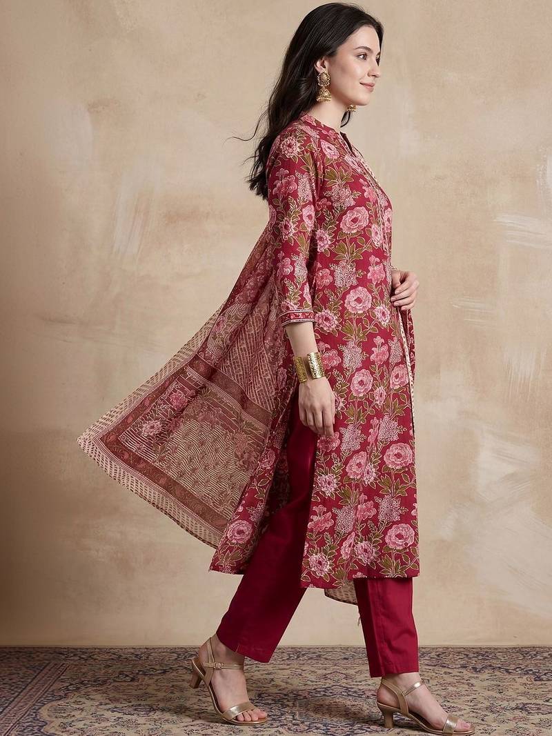 Women Floral Printed Angrakha Pure Cotton Kurta with Trousers & With Dupatta