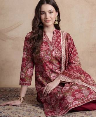 Women Floral Printed Angrakha Pure Cotton Kurta with Trousers & With Dupatta 5