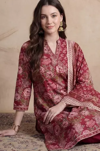 Women Floral Printed Angrakha Pure Cotton Kurta with Trousers & With Dupatta