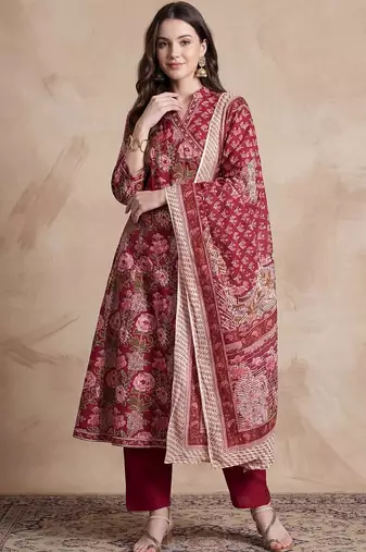 Women Floral Printed Angrakha Pure Cotton Kurta with Trousers & With Dupatta