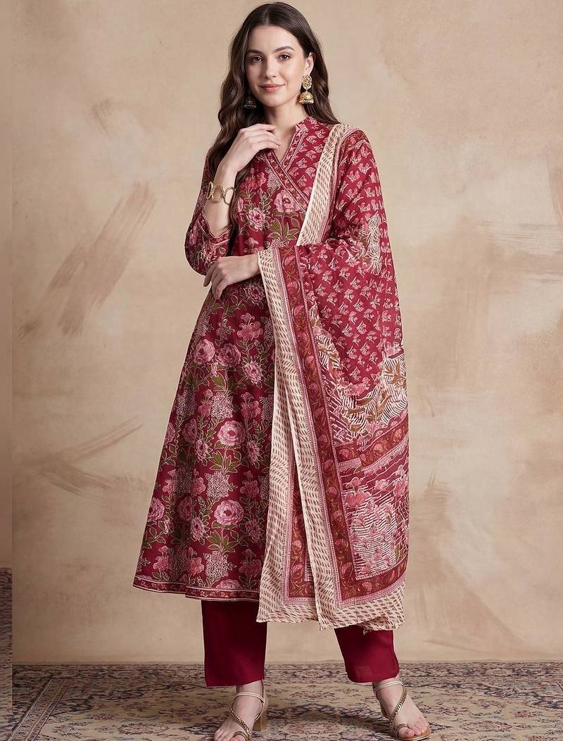 Women Floral Printed Angrakha Pure Cotton Kurta with Trousers & With Dupatta