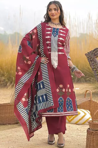 Women Ethnic Motifs Printed Regular Mirror Work Pure Cotton Kurta with Trousers & With Dupatta