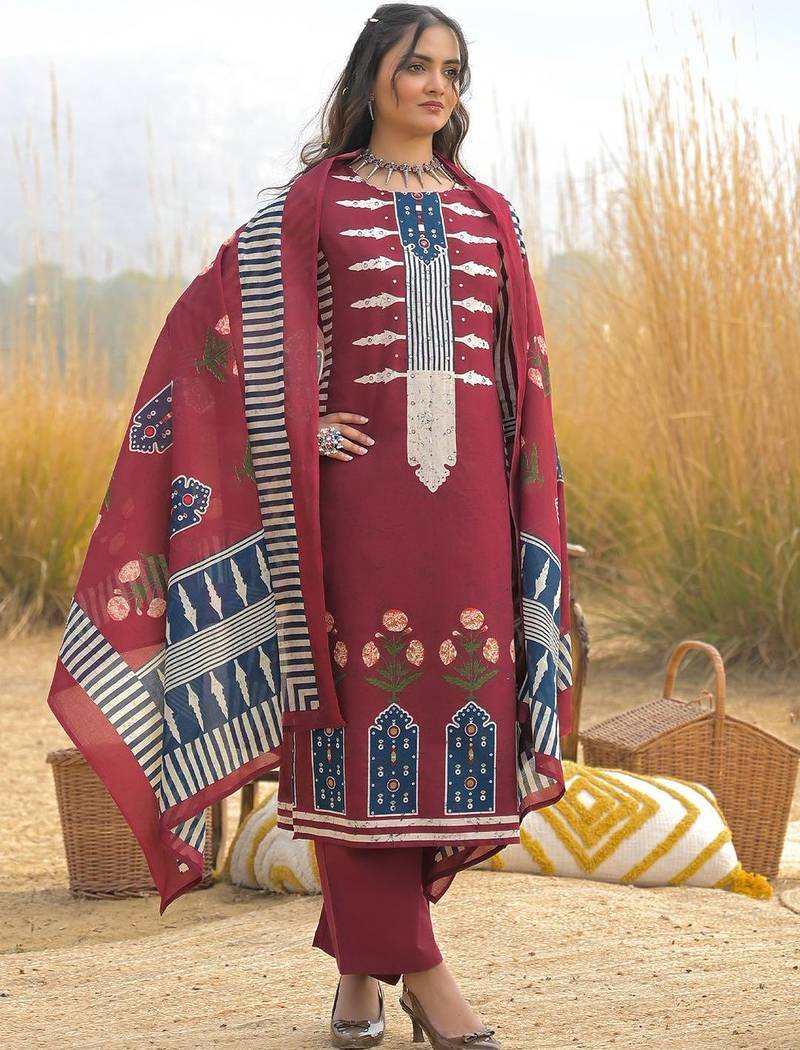 Women Ethnic Motifs Printed Regular Mirror Work Pure Cotton Kurta with Trousers & With Dupatta