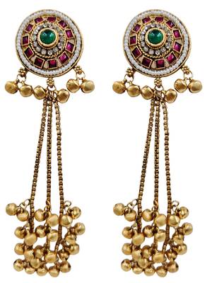 Women gold-toned & pink antique kashmiri floral stud earrings with ghungroo drop tassels 2