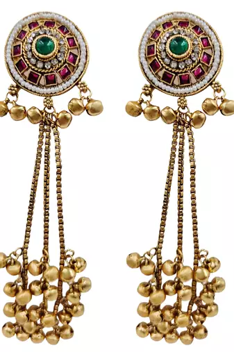 Women gold-toned & pink antique kashmiri floral stud earrings with ghungroo drop tassels