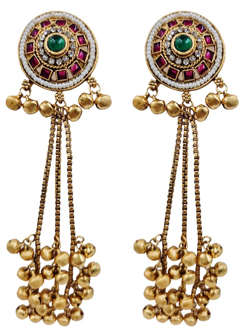 Women gold-toned & pink antique kashmiri floral stud earrings with ghungroo drop tassels