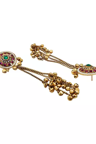 Women gold-toned & pink antique kashmiri floral stud earrings with ghungroo drop tassels