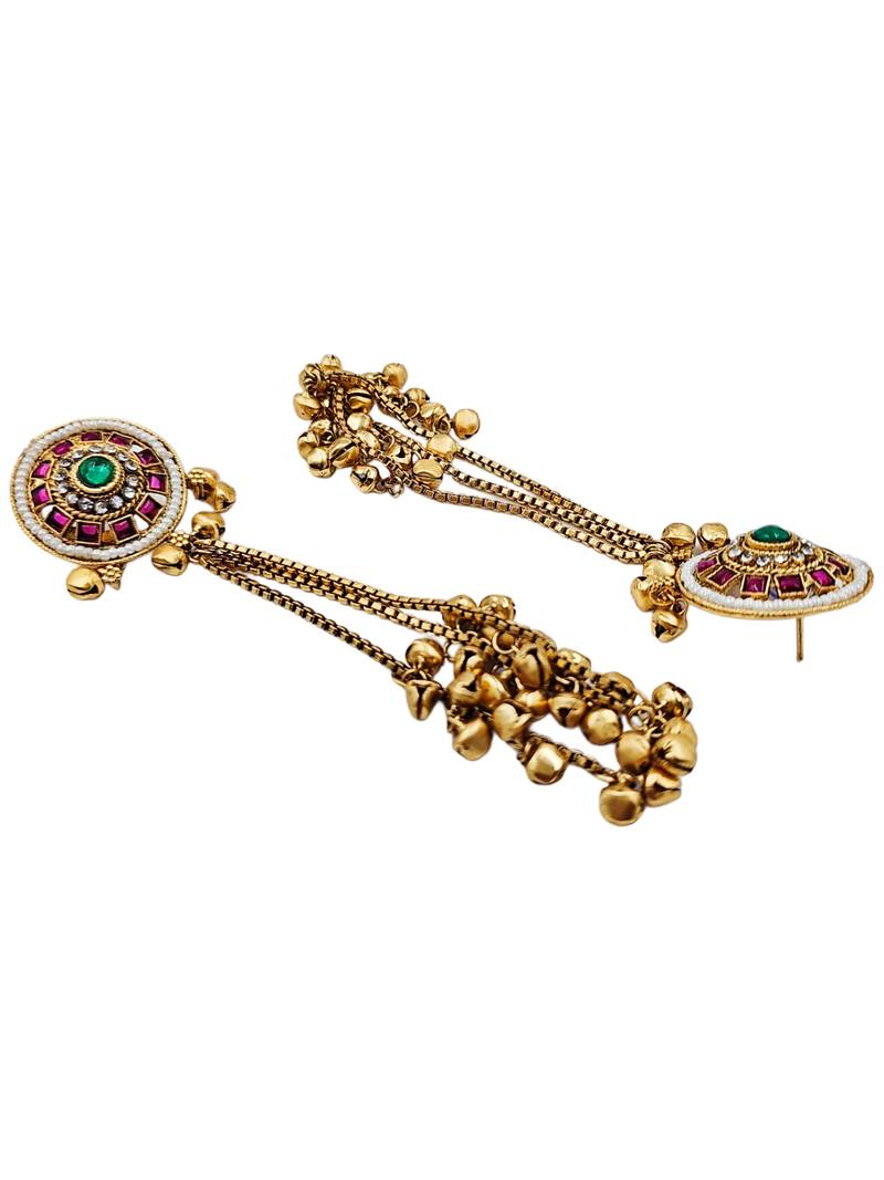 Women gold-toned & pink antique kashmiri floral stud earrings with ghungroo drop tassels