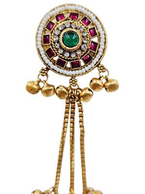 Women gold-toned & pink antique kashmiri floral stud earrings with ghungroo drop tassels 4