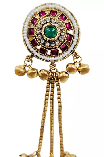 Women gold-toned & pink antique kashmiri floral stud earrings with ghungroo drop tassels