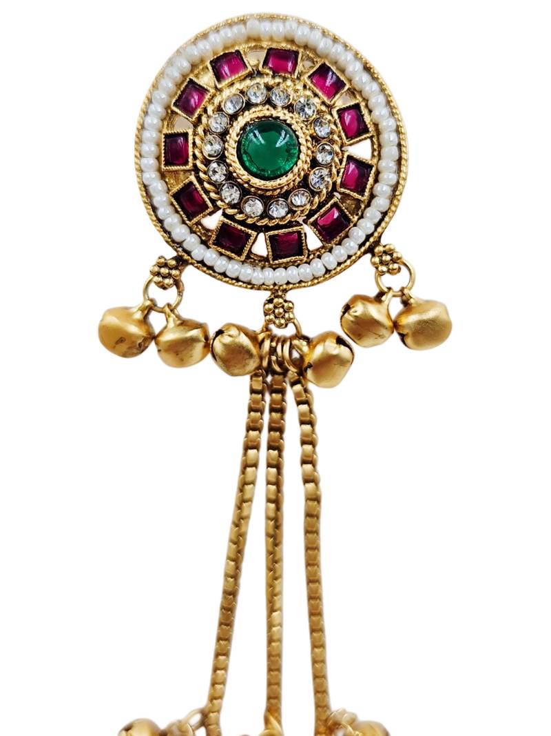 Women gold-toned & pink antique kashmiri floral stud earrings with ghungroo drop tassels