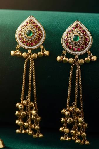 Women gold-toned & pink antique kashmiri floral stud earrings with ghungroo drop tassels