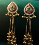 Women gold-toned & pink antique kashmiri floral stud earrings with ghungroo drop tassels