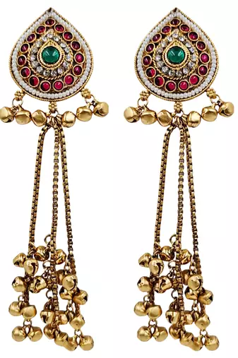 Women gold-toned & pink antique kashmiri floral stud earrings with ghungroo drop tassels