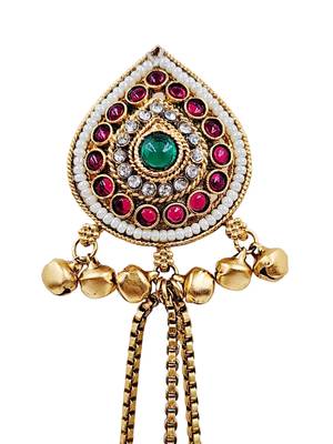 Women gold-toned & pink antique kashmiri floral stud earrings with ghungroo drop tassels 3