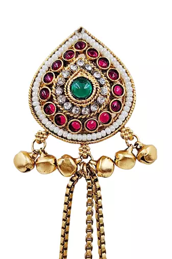 Women gold-toned & pink antique kashmiri floral stud earrings with ghungroo drop tassels