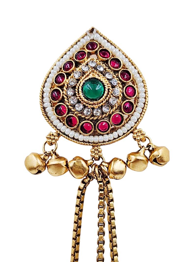 Women gold-toned & pink antique kashmiri floral stud earrings with ghungroo drop tassels