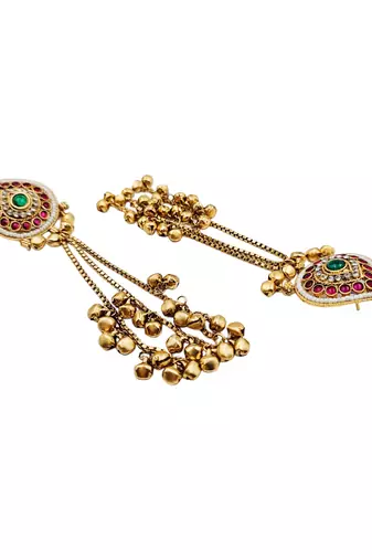 Women gold-toned & pink antique kashmiri floral stud earrings with ghungroo drop tassels