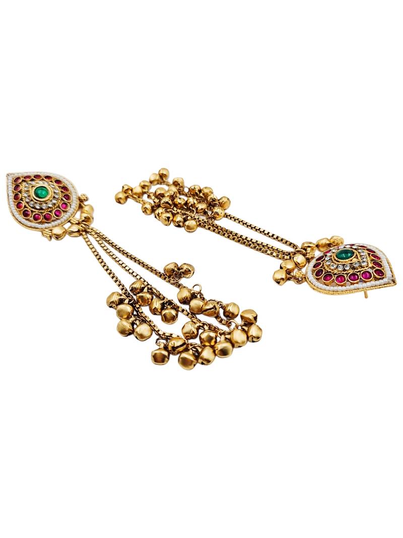 Women gold-toned & pink antique kashmiri floral stud earrings with ghungroo drop tassels