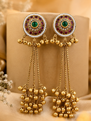 Women gold-toned & pink antique kashmiri floral stud earrings with ghungroo drop tassels 1