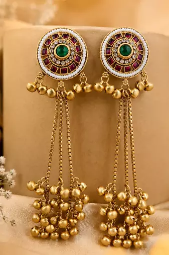 Women gold-toned & pink antique kashmiri floral stud earrings with ghungroo drop tassels