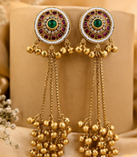 Women gold-toned & pink antique kashmiri floral stud earrings with ghungroo drop tassels