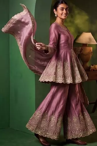 Women Ethnic Motifs Embroidered Empire Thread Work Kurta with Sharara & With Dupatta