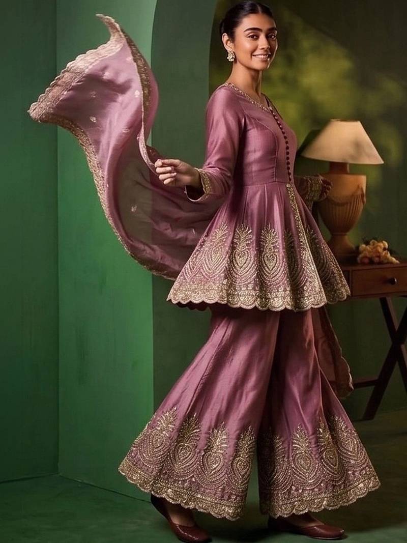 Women Ethnic Motifs Embroidered Empire Thread Work Kurta with Sharara & With Dupatta