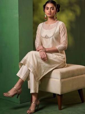 Women Regular Thread Work Kurta with Trousers & With Dupatta 6
