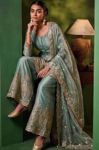 Women Ethnic Motifs Embroidered Tiered Sequinned Kurta with Palazzos & With Dupatta