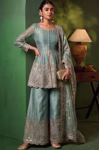 Women Ethnic Motifs Embroidered Tiered Sequinned Kurta with Palazzos & With Dupatta